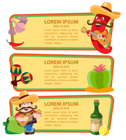 Set of banners with illustrations on a mexican theme. Pepper, tequila, cowboy, maracas, garlic, cactus.のイラスト素材