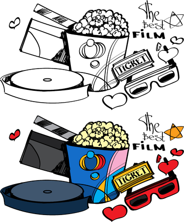 Cinema, love, popcorn and ticket. Vector illustration isolated on white background.のイラスト素材