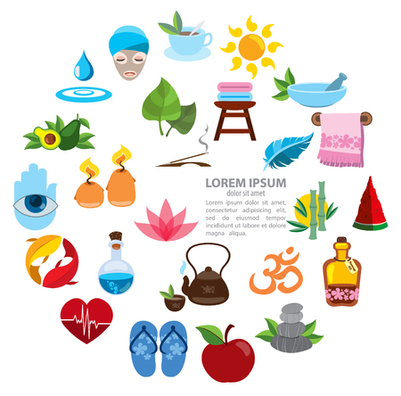 Spa info graphics, spa icons, healthy lifestyle, wellness, round compositionのイラスト素材
