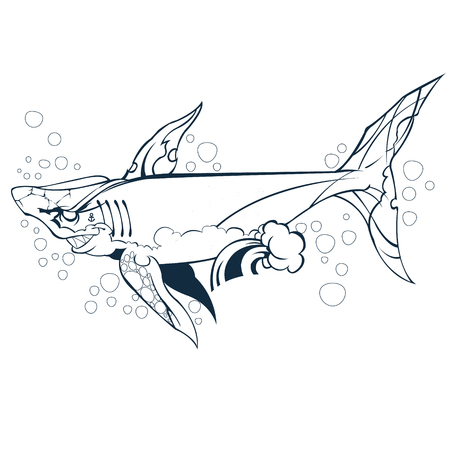 Wounded shark. Outline vector illustration isolated on white background.のイラスト素材