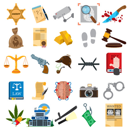 Law and justice icons, criminal, police. Set of vector illustrations isolated on white background.のイラスト素材