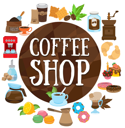 Coffee shop typography with different coffee shop elements graphic design.のイラスト素材