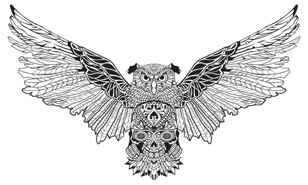 Decorative owl, vector illustration of wild owl, vector monochrome sketchのイラスト素材