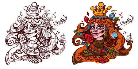 Figure character. The young lady with the symbol of diamonds suit. Queen of the deck of playing cards.のイラスト素材