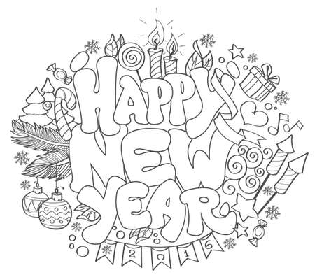 Happy New Year, Christmas and New Year greeting card, sketchのイラスト素材