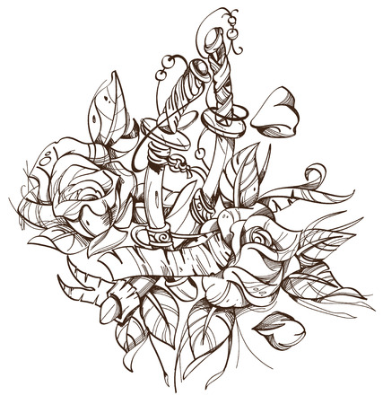 Swords, roses, sketch, tattoo. Outline vector illustration isolated on white background.のイラスト素材