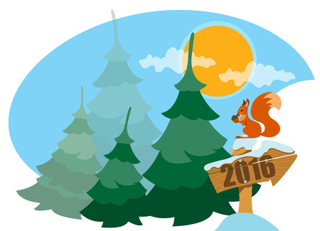 Forest squirrel and firs, new year, greeting cardの写真素材