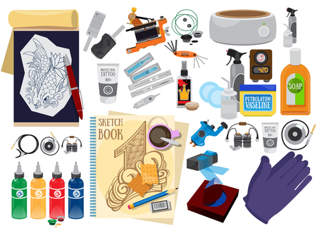 Tattoo tools: machine, power box, clip and pedal, needles, gripsの写真素材