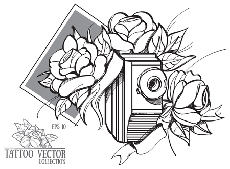 Hand drawing flowers and an old camera. Vector drawing of a tattoo.のイラスト素材