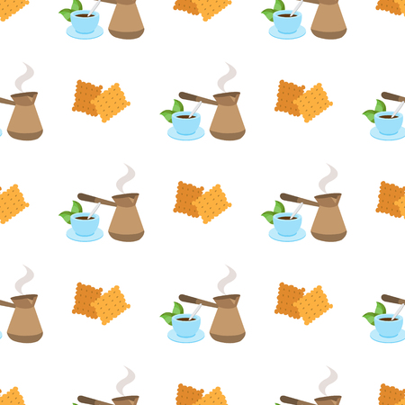 Seamless pattern with illustrationson a coffee theme. Turkish coffee pot, cup of coffee and crackers.のイラスト素材