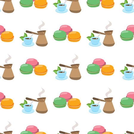 Seamless pattern with illustrations on a coffee theme. Turkish coffee pot, cup of coffee and macaroonのイラスト素材