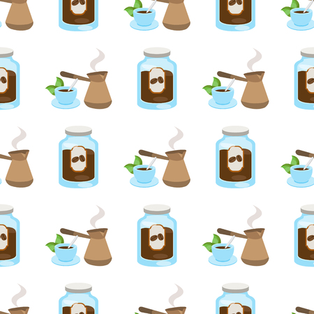 Seamless pattern with illustrations on a coffee theme. Turkish coffee pot, cup of coffee and jar of coffee.のイラスト素材