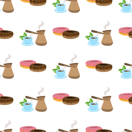 Seamless pattern with illustrations on a coffee theme. Turkish coffee pot, cup of coffee and donuts.のイラスト素材