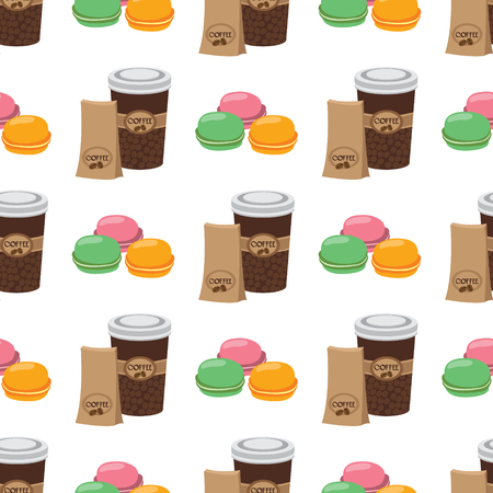 Seamless pattern with illustrations on the theme of coffee. Macaroon and coffee in the cup.のイラスト素材