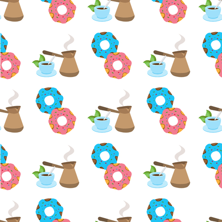 Seamless pattern with illustrations on a coffee theme. Turkish coffee pot, cup of coffee and donuts.のイラスト素材