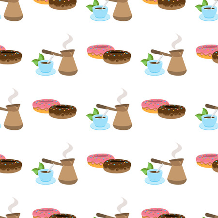 Seamless pattern with illustrations on a coffee theme. Turkish coffee pot, cup of coffee and donuts.のイラスト素材