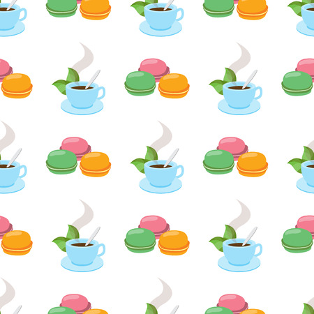 Seamless pattern with illustrations on the theme of coffee. Macaroon and a cup of hot coffee or tea.のイラスト素材