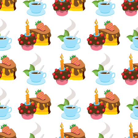Seamless pattern with illustrations on the theme of coffee. A cup of hot coffee or tea and cakes.のイラスト素材