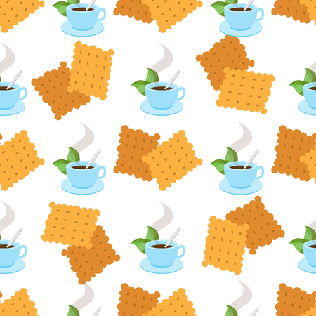 Seamless pattern with illustrations on the theme of coffee. A cup of hot coffee or tea and crackers.のイラスト素材