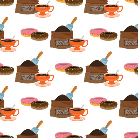 Seamless pattern with illustrations on the theme of coffee. Donuts and a bag of coffee beans.のイラスト素材