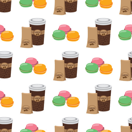 Seamless pattern with illustrations on the theme of coffee. Macaroon and coffee in the cup.のイラスト素材