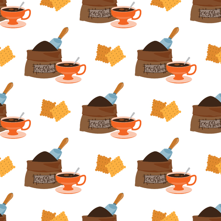Seamless pattern with illustrations on the theme of coffee. Crackers and a bag of coffee beans.のイラスト素材