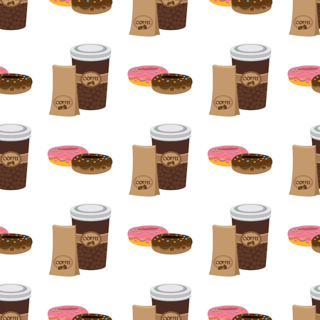 Seamless pattern with illustrations on the theme of coffee. Donuts and coffee in the cup.のイラスト素材