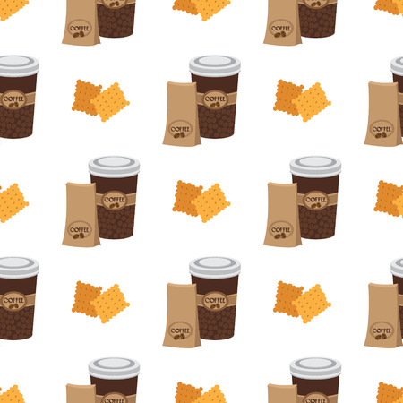 Seamless pattern with illustrations on the theme of coffee. Crackers and coffee in the cup.のイラスト素材