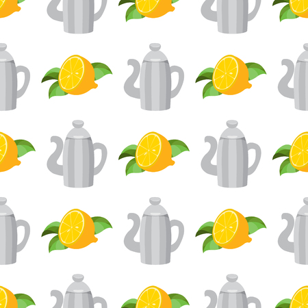 Seamless pattern with illustrations on the theme of coffee. Vintage metal coffee pot and lemon.のイラスト素材