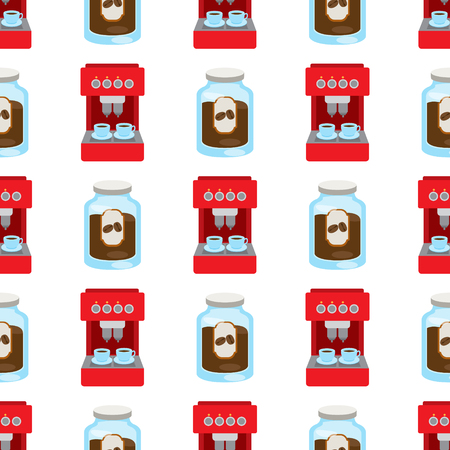 Seamless pattern with illustrations on the theme of coffee. Coffee maker and jar of coffee.のイラスト素材