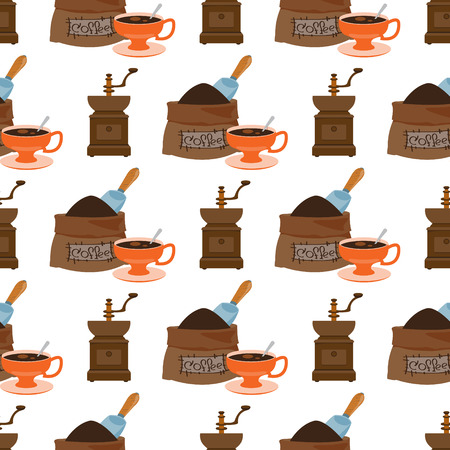 Seamless pattern with illustrations on the theme of coffee. Old coffee grinder and a bag of coffee beans.のイラスト素材