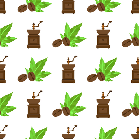 Seamless pattern with illustrations on the theme of coffee. Vintage coffee grinder and coffee beans.のイラスト素材