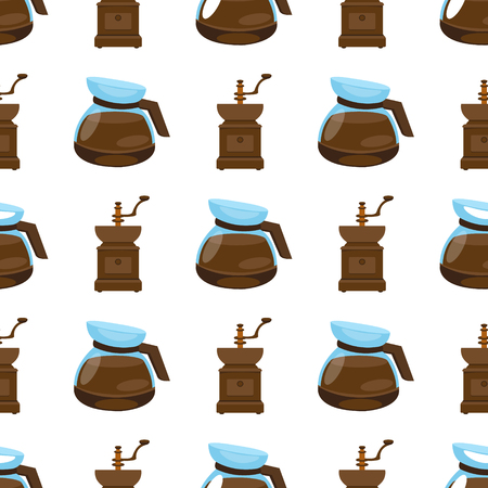 Seamless pattern with illustrations on the theme of coffee. Old coffee grinder and teapot.のイラスト素材