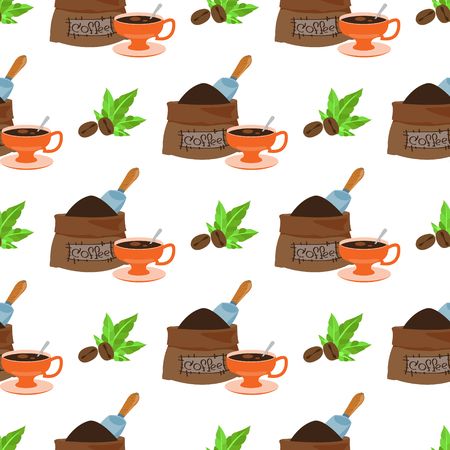 Seamless pattern with illustrations on the theme of coffee. Coffee beans and a bag of coffee beans.のイラスト素材