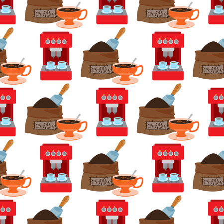 Seamless pattern with illustrations on the theme of coffee. Coffee maker and a bag of coffee beans.のイラスト素材