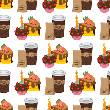 Seamless pattern with illustrations on the theme of coffee. A cup of hot coffee and cakes.のイラスト素材