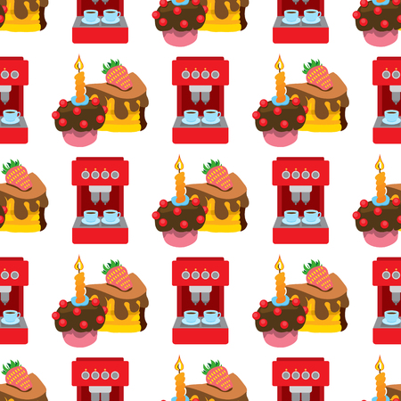 Seamless pattern with illustrations on the theme of coffee. Coffee maker and cakes.のイラスト素材