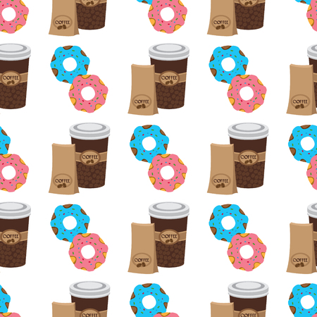 Seamless pattern with illustrations on the theme of coffee. A cup of hot coffee and donuts.のイラスト素材