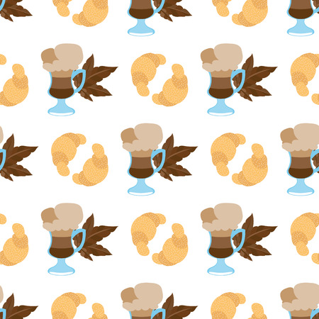 Seamless pattern with illustrations on the theme of coffee. Croissants and iced coffee.のイラスト素材