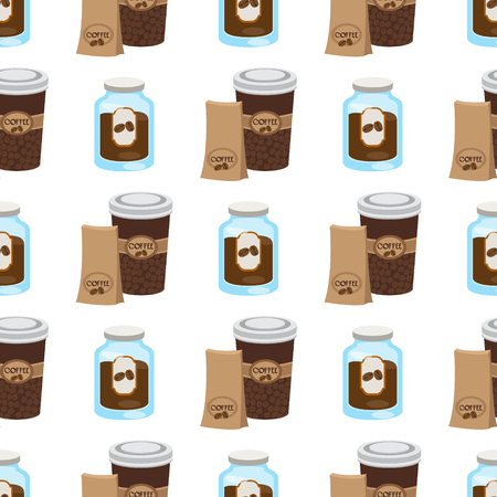 Seamless pattern with illustrations on the theme of coffee. A cup of hot coffee or tea and jar of coffee.のイラスト素材