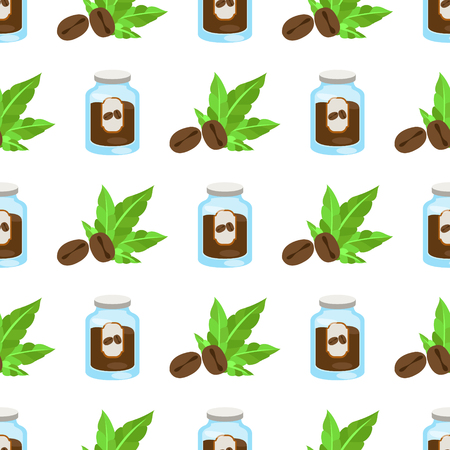 Seamless pattern with illustrations on the theme of coffee. Jar of coffee and coffee beans.のイラスト素材