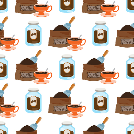 Seamless pattern with illustrations on the theme of coffee. Jar of coffee and a bag of coffee beans.のイラスト素材