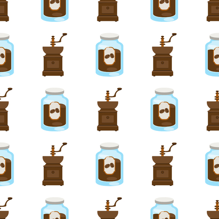 Seamless pattern with illustrations on the theme of coffee. Jar of coffee and an old coffee grinder.のイラスト素材
