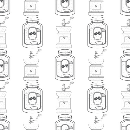 Seamless pattern with outline drawings on the theme of coffee. Jar of coffee and an old coffee grinder.のイラスト素材