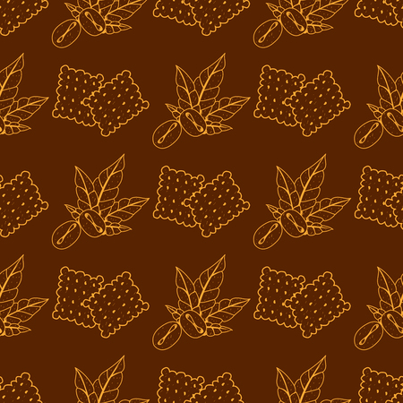 Seamless pattern with outline drawings on the theme of coffee. Coffee beans and crackers.のイラスト素材