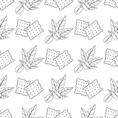 Seamless pattern with outline drawings on the theme of coffee. Coffee beans and crackers.のイラスト素材