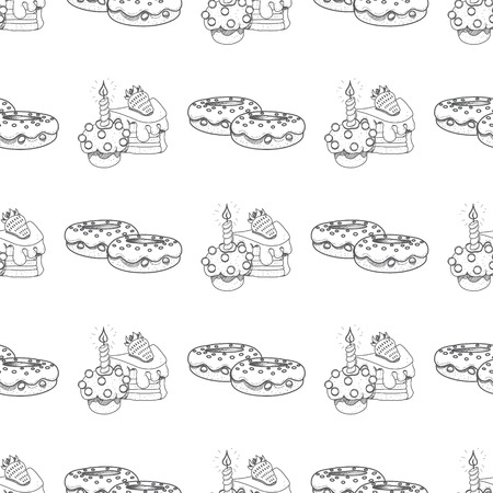 Seamless pattern with outline drawings donuts and cakes.のイラスト素材