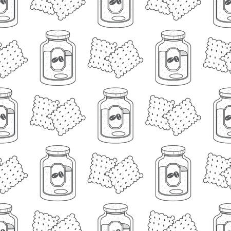 Seamless pattern with outline drawings crackers and jar of coffee.のイラスト素材
