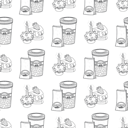 Seamless pattern with outline drawings on the theme of coffee. A cup of hot coffee and cakes.の写真素材