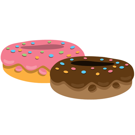 Two donuts with chocolate fudge and strawberry. Color illustration of desserts and pastries.のイラスト素材